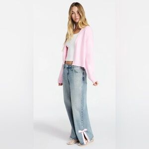 NWT Baggy wide leg Light Stone Wash Women's Jeans with Pink Bow